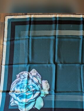 Silk Home Teal Square Silk Scarf w/Rose